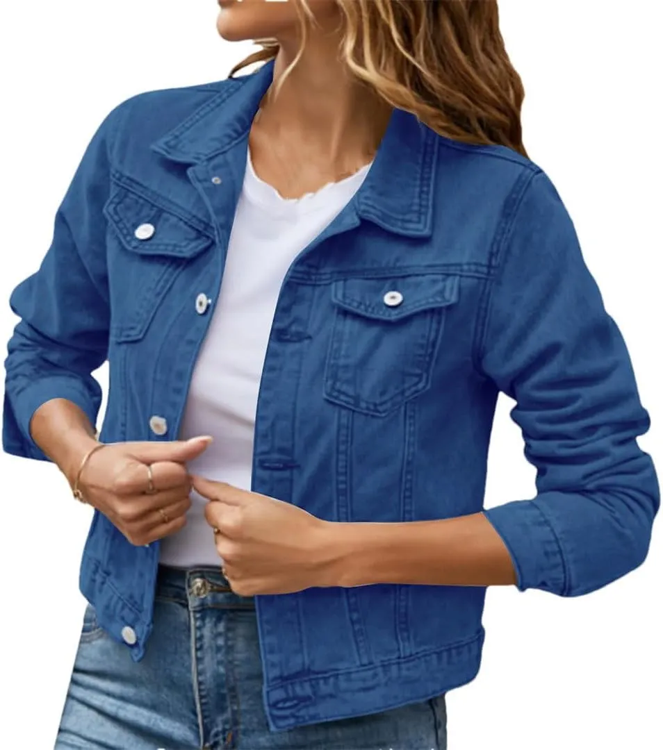 Women Short Patchwork Solid Ruffled Collar Long Sleeved Denim Jackets