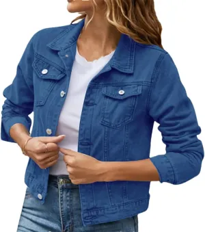 Women Short Patchwork Solid Ruffled Collar Long Sleeved Denim Jackets