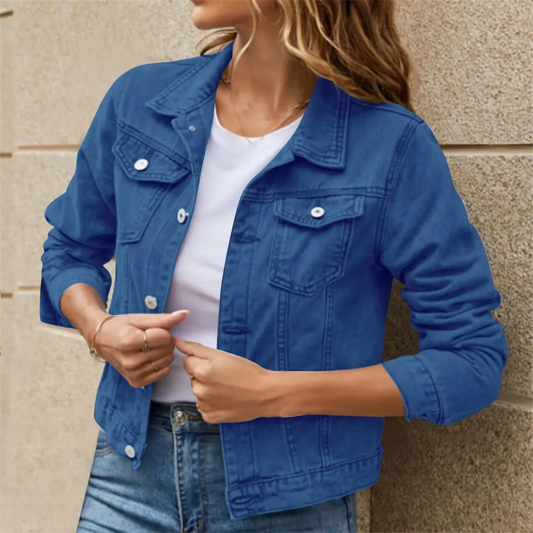 Women Short Patchwork Solid Ruffled Collar Long Sleeved Denim Jackets
