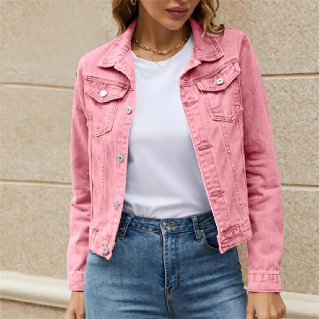 Women Short Patchwork Solid Ruffled Collar Long Sleeved Denim Jackets