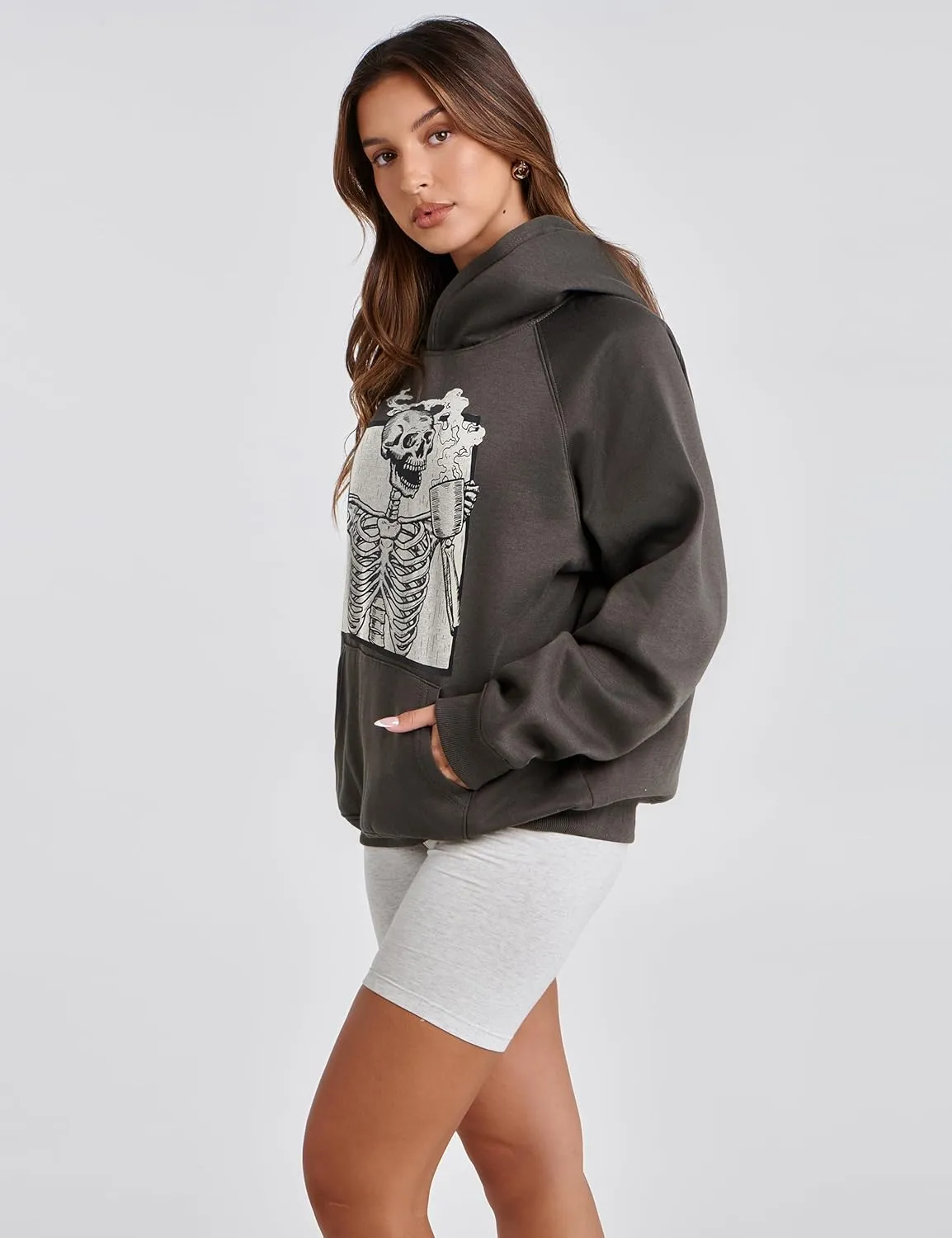 Women Skull Graphic Printed Fleece Oversized Hoodie Sweatshirt Long Sleeve Drop Shoulder Pullovers Top