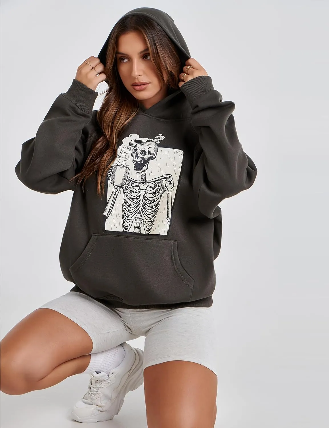 Women Skull Graphic Printed Fleece Oversized Hoodie Sweatshirt Long Sleeve Drop Shoulder Pullovers Top