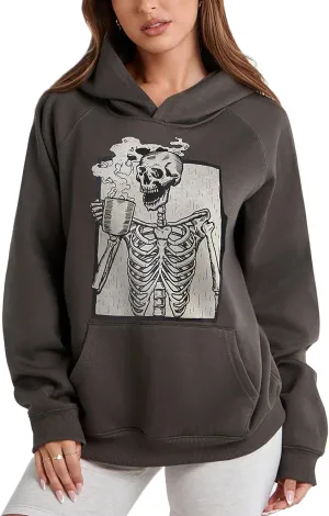 Women Skull Graphic Printed Fleece Oversized Hoodie Sweatshirt Long Sleeve Drop Shoulder Pullovers Top