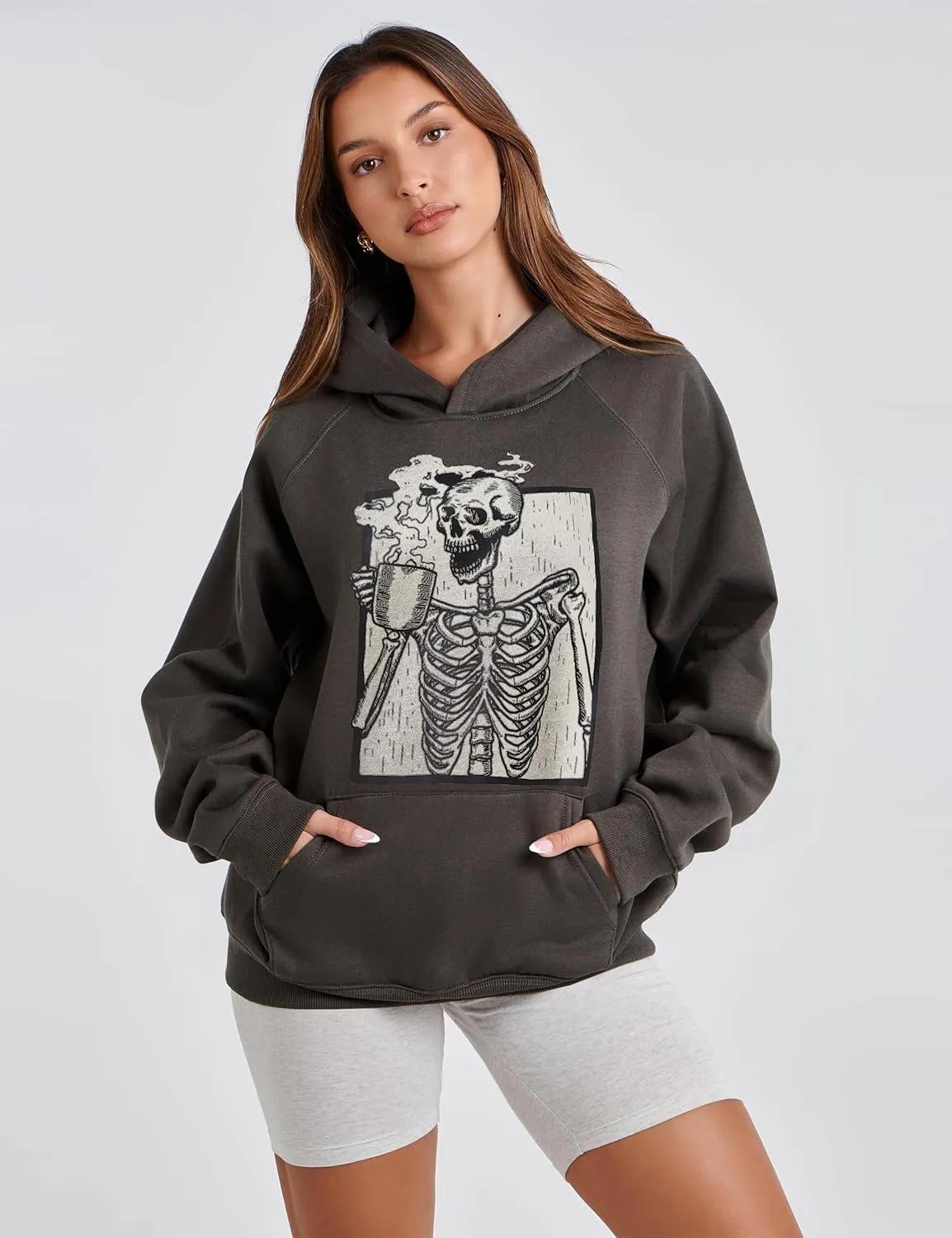 Women Skull Graphic Printed Fleece Oversized Hoodie Sweatshirt Long Sleeve Drop Shoulder Pullovers Top