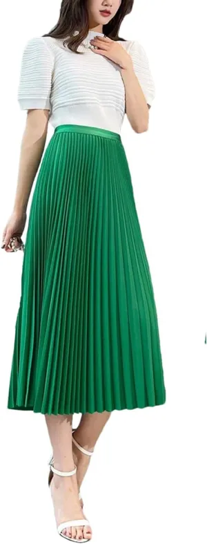 Women Solid Pleated Long Skirt Officecasual Basic All-Match Street Long Skirt