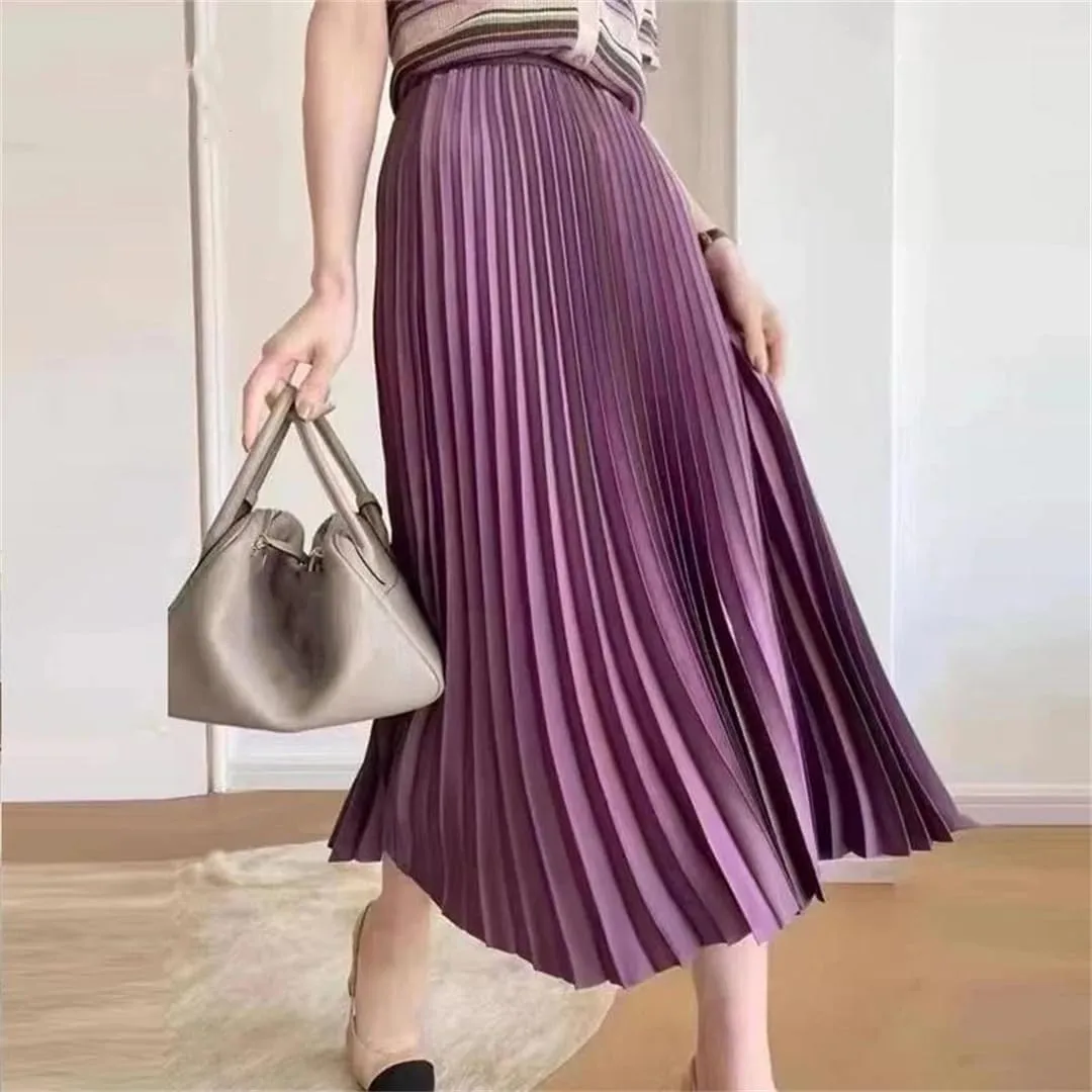 Women Solid Pleated Long Skirt Officecasual Basic All-Match Street Long Skirt