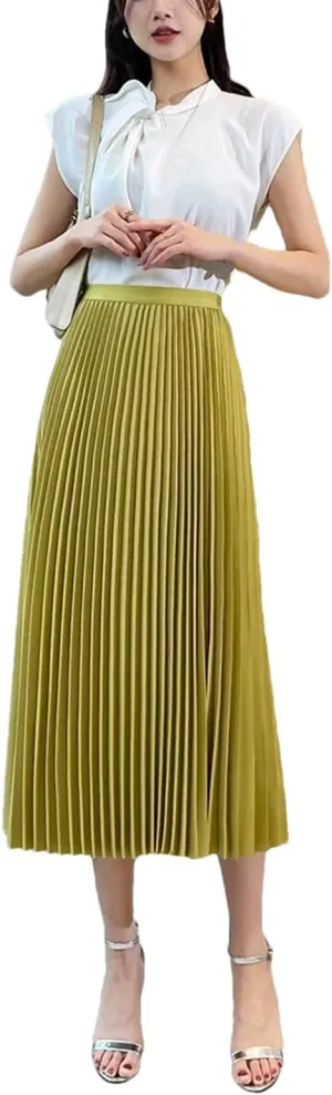 Women Solid Pleated Long Skirt Officecasual Basic All-Match Street Long Skirt