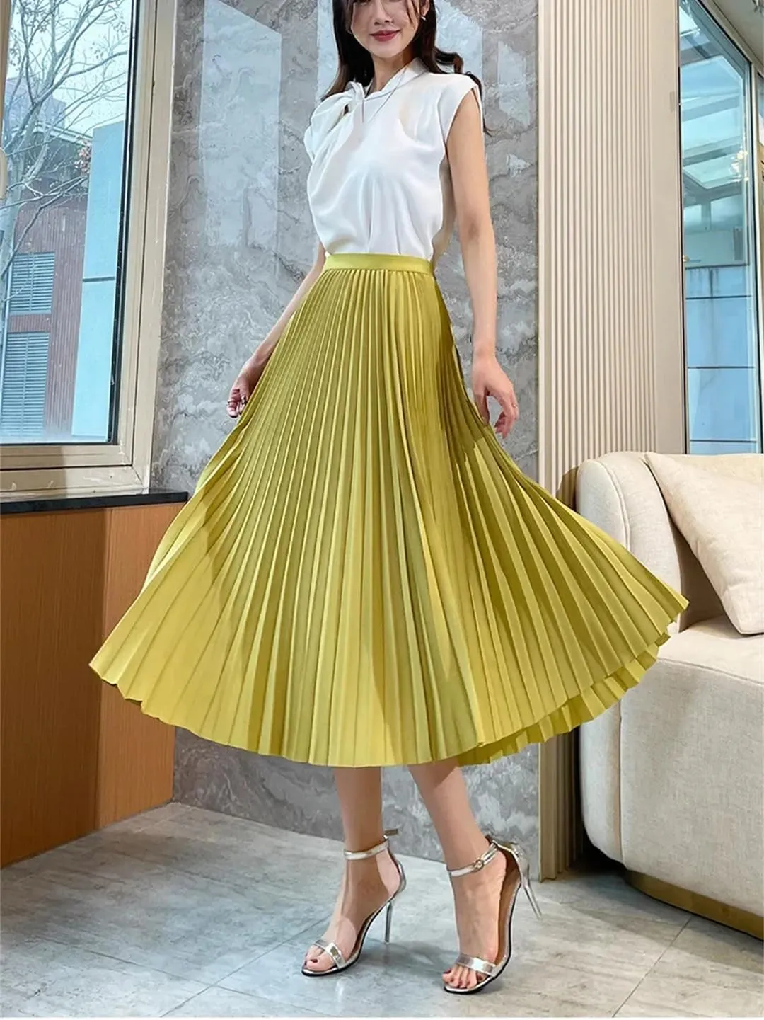 Women Solid Pleated Long Skirt Officecasual Basic All-Match Street Long Skirt