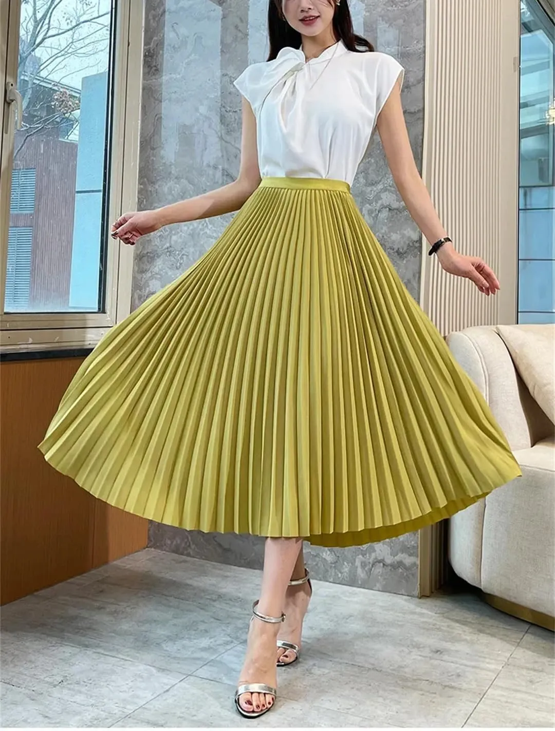 Women Solid Pleated Long Skirt Officecasual Basic All-Match Street Long Skirt