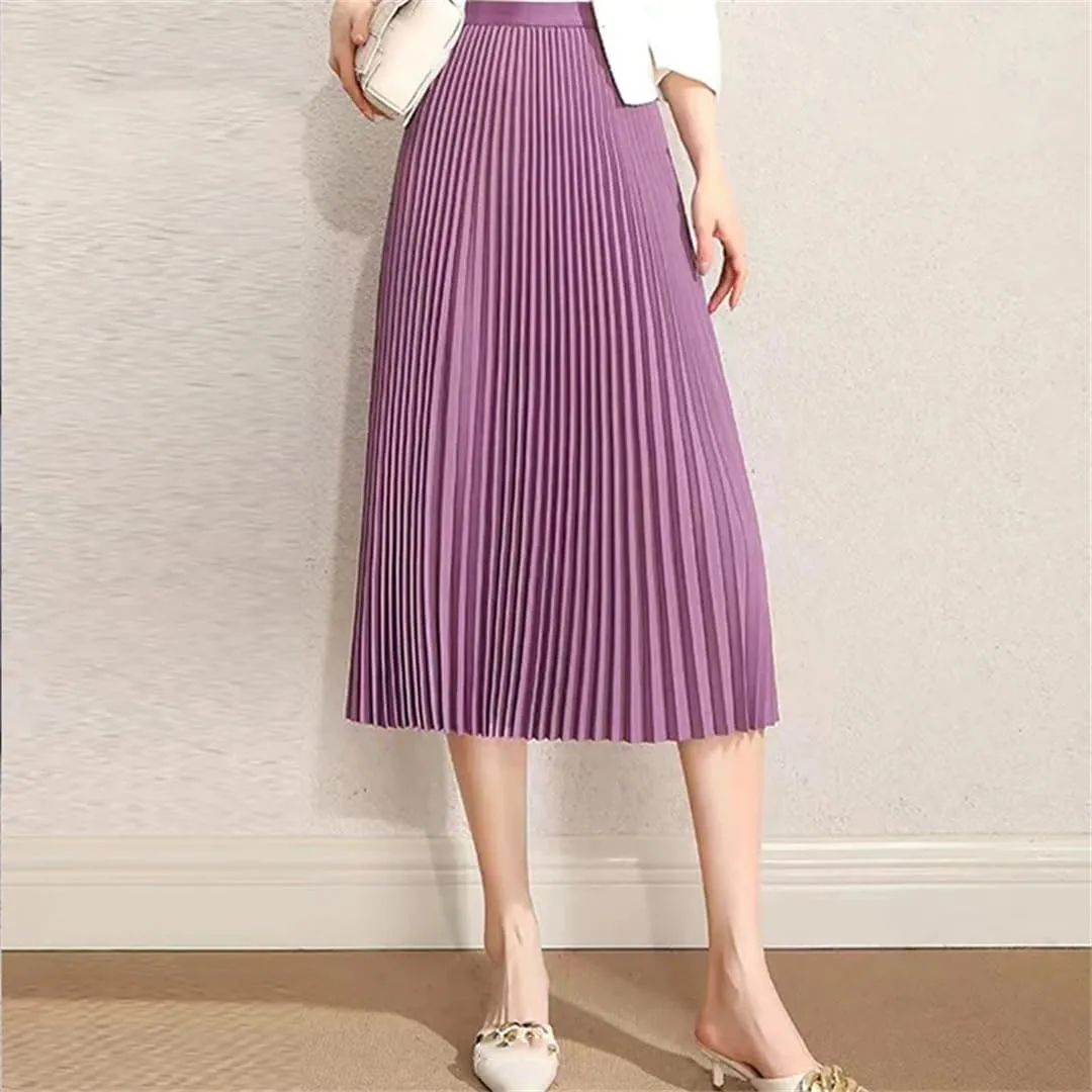 Women Solid Pleated Long Skirt Officecasual Basic All-Match Street Long Skirt