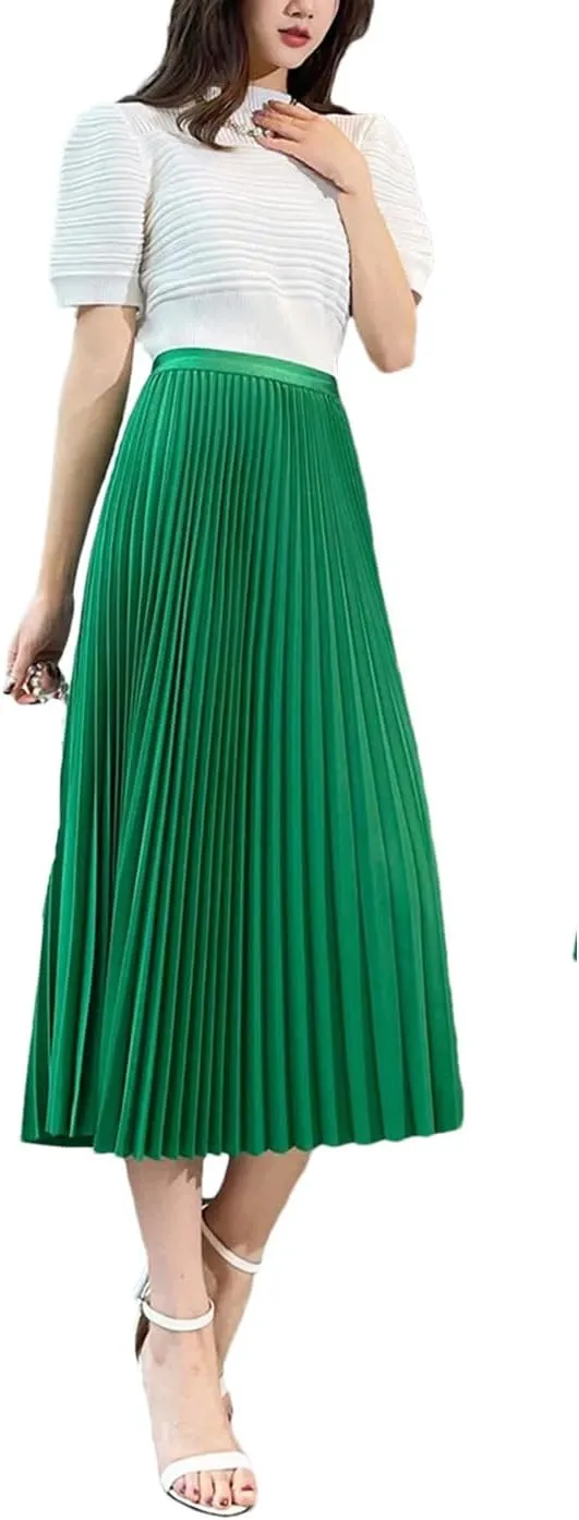 Women Solid Pleated Long Skirt Officecasual Basic All-Match Street Long Skirt