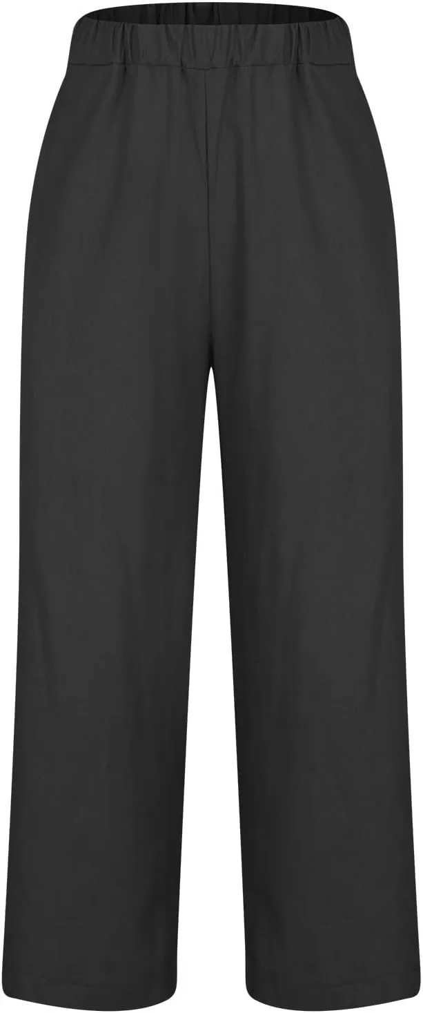 Women Summer Beach Pants Casual Elastic High Waist Wide Leg Pant Comfy Cotton Linen Plus Size Trousers with Pockets