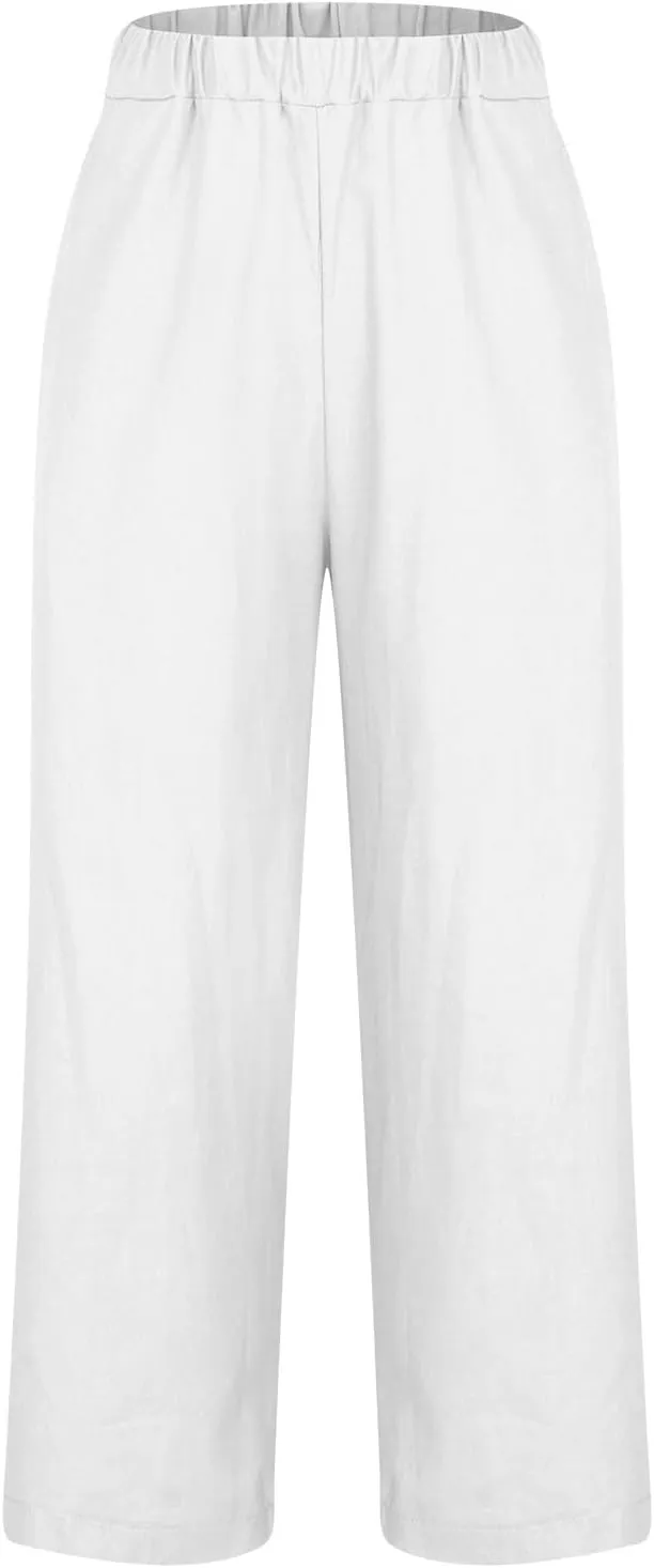 Women Summer Beach Pants Casual Elastic High Waist Wide Leg Pant Comfy Cotton Linen Plus Size Trousers with Pockets
