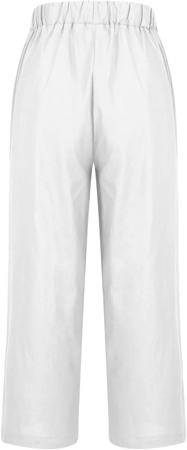 Women Summer Beach Pants Casual Elastic High Waist Wide Leg Pant Comfy Cotton Linen Plus Size Trousers with Pockets