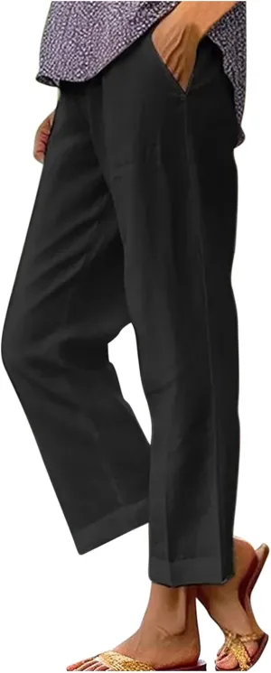 Women Summer Beach Pants Casual Elastic High Waist Wide Leg Pant Comfy Cotton Linen Plus Size Trousers with Pockets