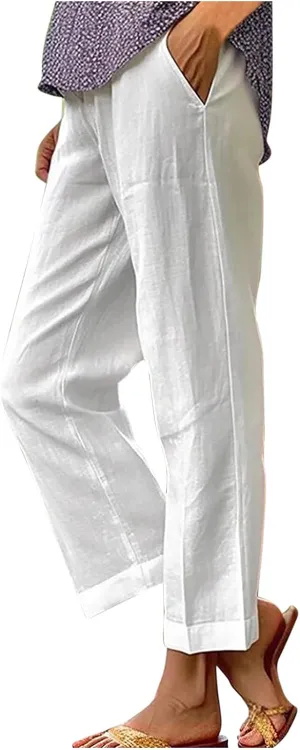 Women Summer Beach Pants Casual Elastic High Waist Wide Leg Pant Comfy Cotton Linen Plus Size Trousers with Pockets