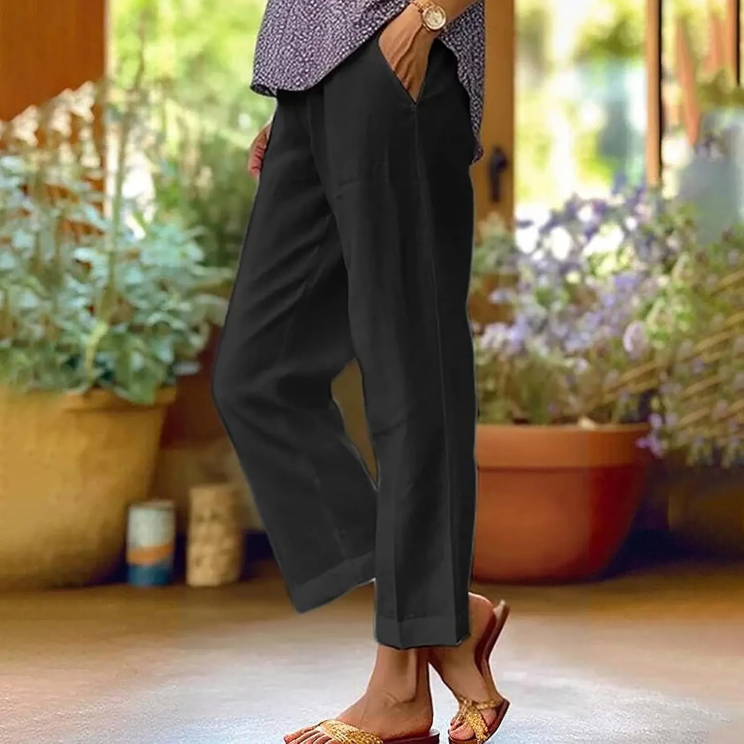 Women Summer Beach Pants Casual Elastic High Waist Wide Leg Pant Comfy Cotton Linen Plus Size Trousers with Pockets