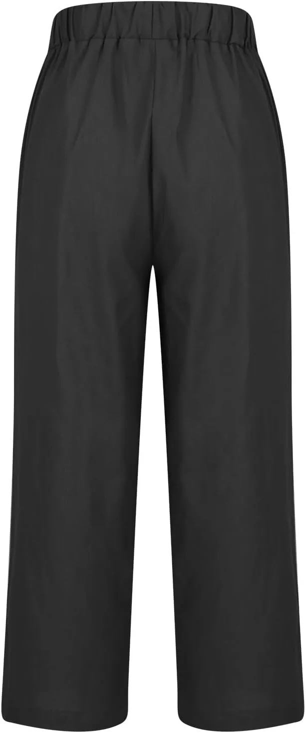 Women Summer Beach Pants Casual Elastic High Waist Wide Leg Pant Comfy Cotton Linen Plus Size Trousers with Pockets