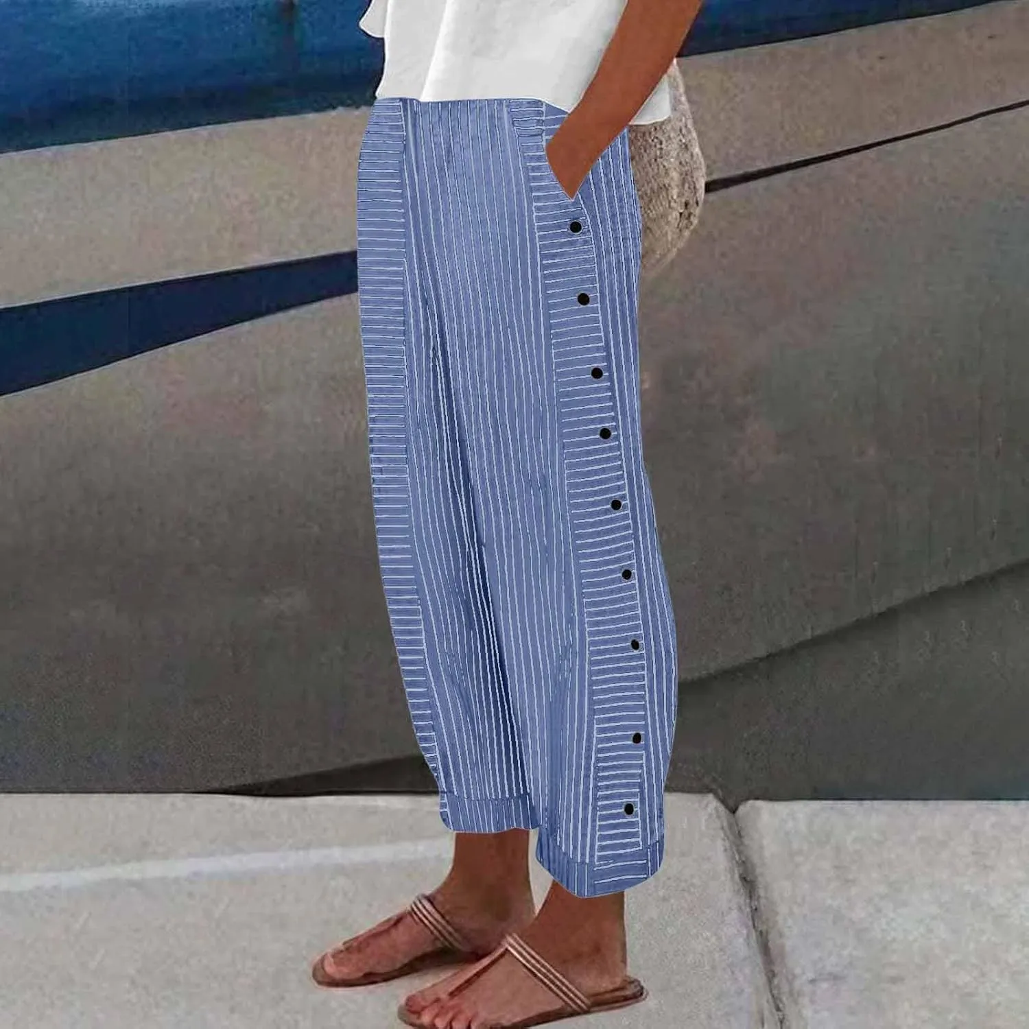 Women Summer Casual Linen Pants Straight Leg Elastic Waist Pockets Cropped Pants, Small-5X-Large, Beige