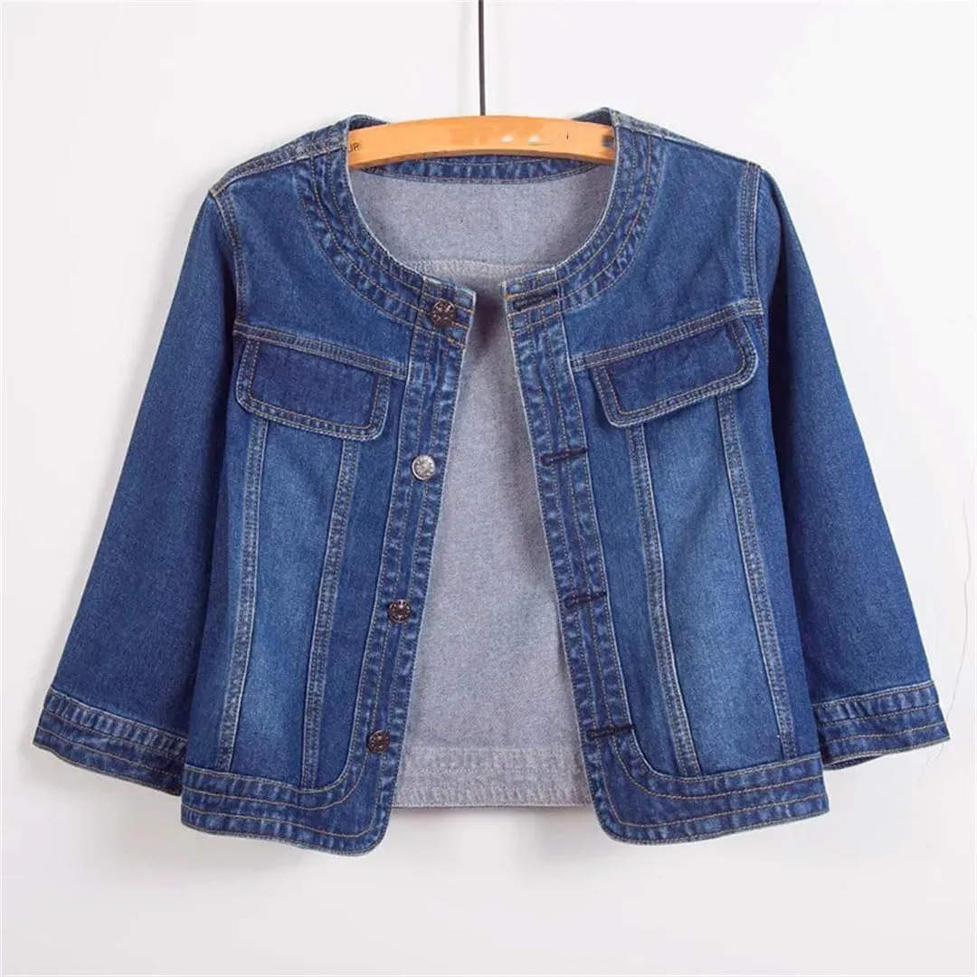 Women Three-Quarter Sleeve O-Neck Single-Breasted Short Casual Denim Jackets