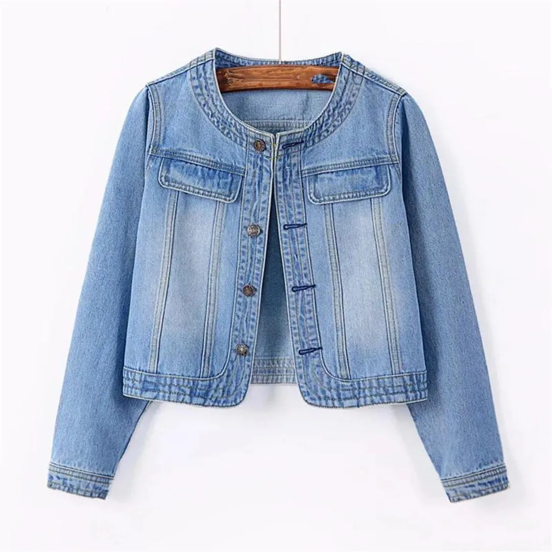 Women Three-Quarter Sleeve O-Neck Single-Breasted Short Casual Denim Jackets