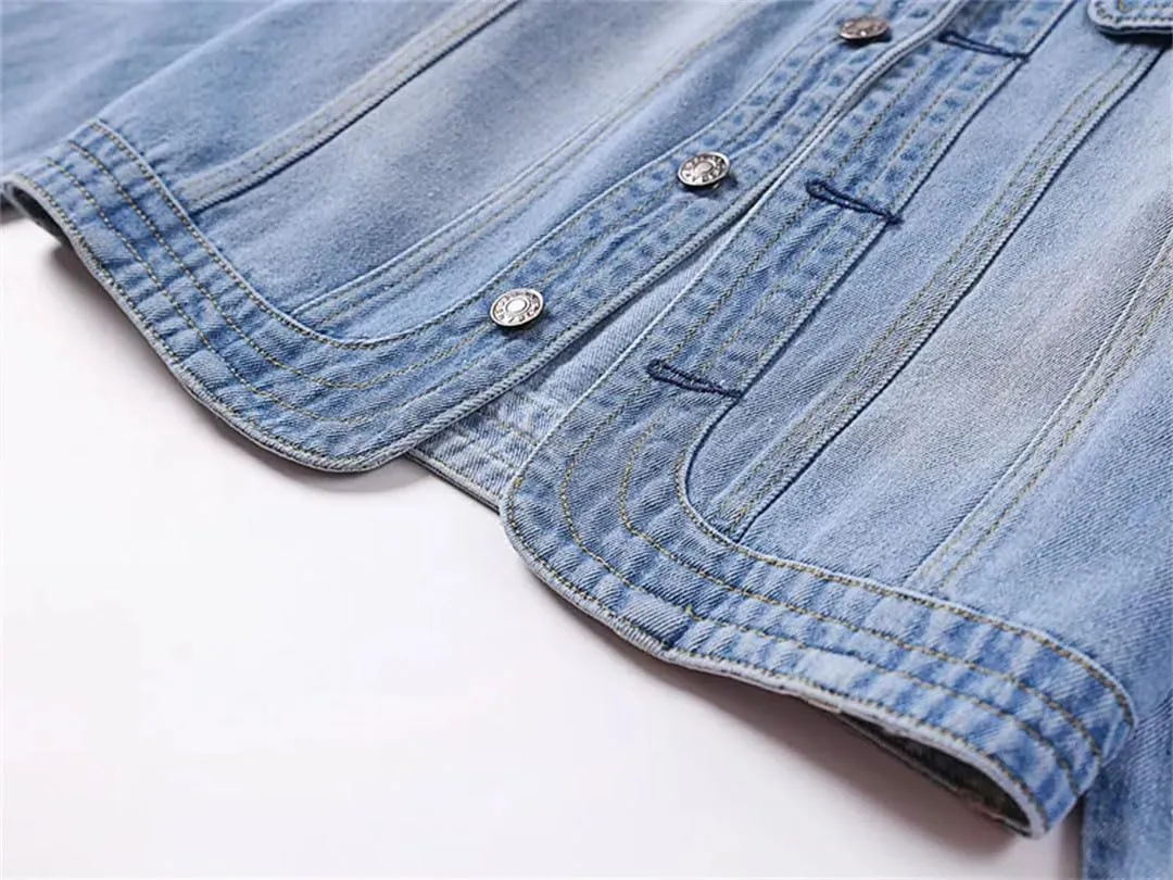 Women Three-Quarter Sleeve O-Neck Single-Breasted Short Casual Denim Jackets