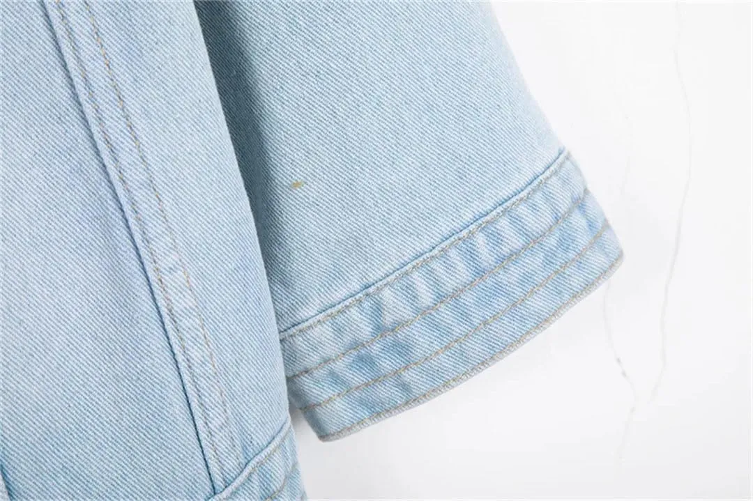 Women Three-Quarter Sleeve O-Neck Single-Breasted Short Casual Denim Jackets