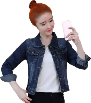 Women Three-Quarter Sleeve O-Neck Single-Breasted Short Casual Denim Jackets