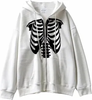 Women Trendy Hoodie Y2K Zip Up Oversized Sweatshirt Harajuku Punk Streetwear Long Sleeve Skeleton Grapic Jacket Cute