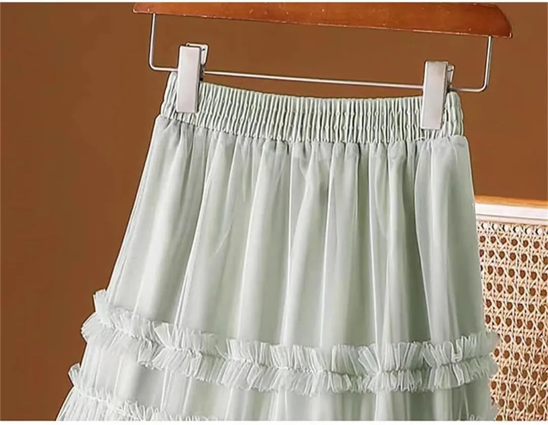 Women Tulle Long Skirt Spring Summer Solid Patchwork High Waist Pleated Mesh Skirt