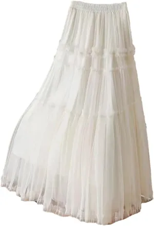 Women Tulle Long Skirt Spring Summer Solid Patchwork High Waist Pleated Mesh Skirt