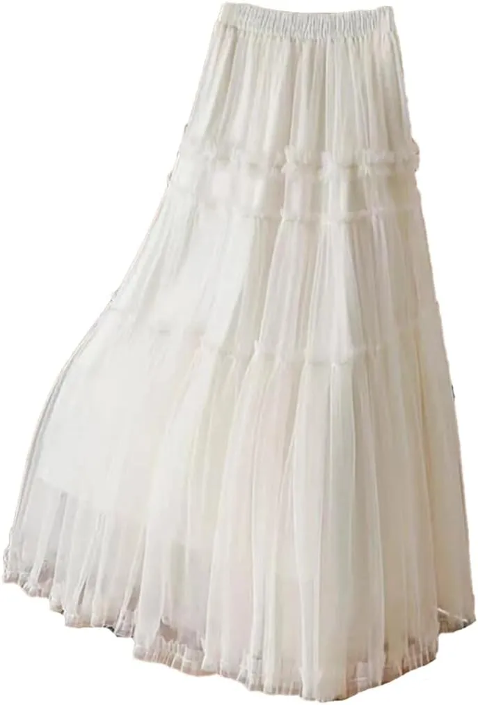 Women Tulle Long Skirt Spring Summer Solid Patchwork High Waist Pleated Mesh Skirt