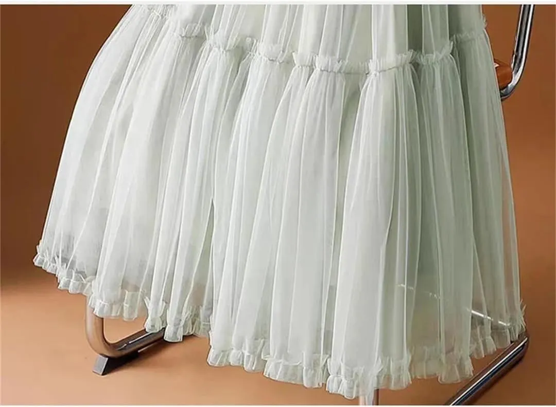 Women Tulle Long Skirt Spring Summer Solid Patchwork High Waist Pleated Mesh Skirt