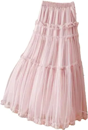 Women Tulle Long Skirt Spring Summer Solid Patchwork High Waist Pleated Mesh Skirt