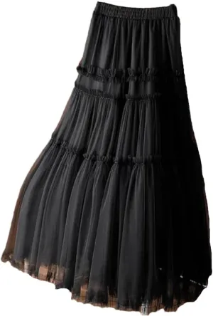 Women Tulle Long Skirt Spring Summer Solid Patchwork High Waist Pleated Mesh Skirt