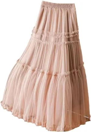 Women Tulle Long Skirt Spring Summer Solid Patchwork High Waist Pleated Mesh Skirt