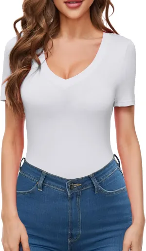 Women V Neck Short Sleeve Tight Fitted Summer Dressy Casual Sexy Cute Tops T Shirts Tee Tshirt Clothes
