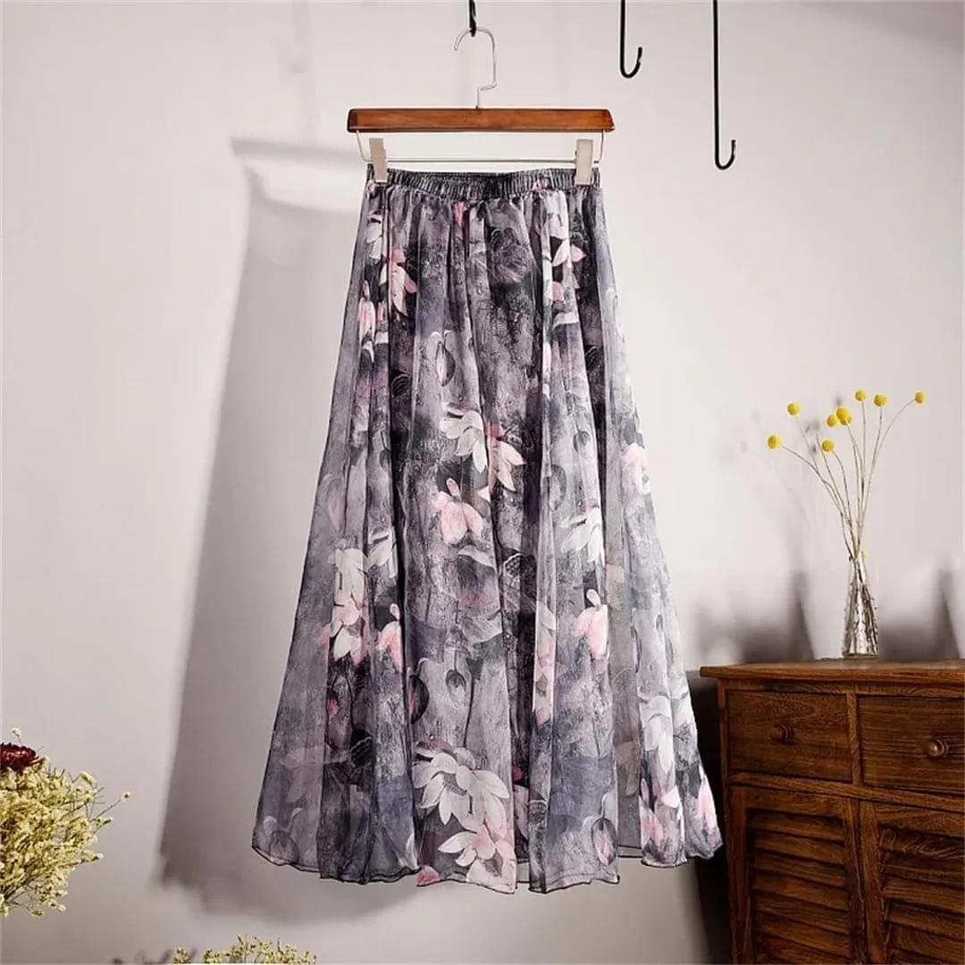 Women Vintage Bohemian Long Skirts Chiffon Beach High Waist Long Skirt