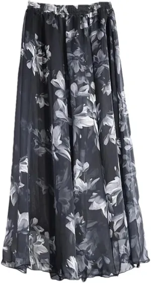 Women Vintage Bohemian Long Skirts Chiffon Beach High Waist Long Skirt