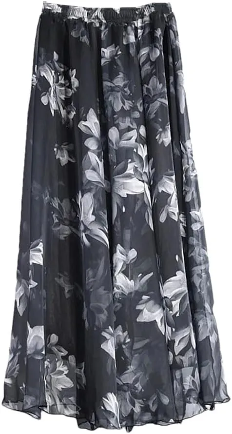 Women Vintage Bohemian Long Skirts Chiffon Beach High Waist Long Skirt