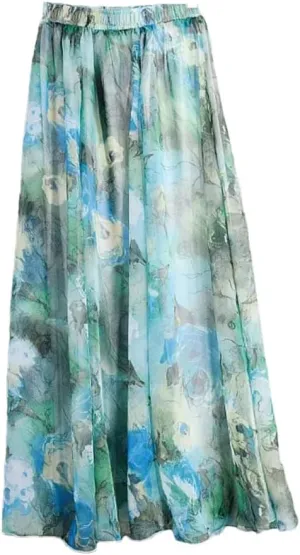 Women Vintage Bohemian Long Skirts Chiffon Beach High Waist Long Skirt