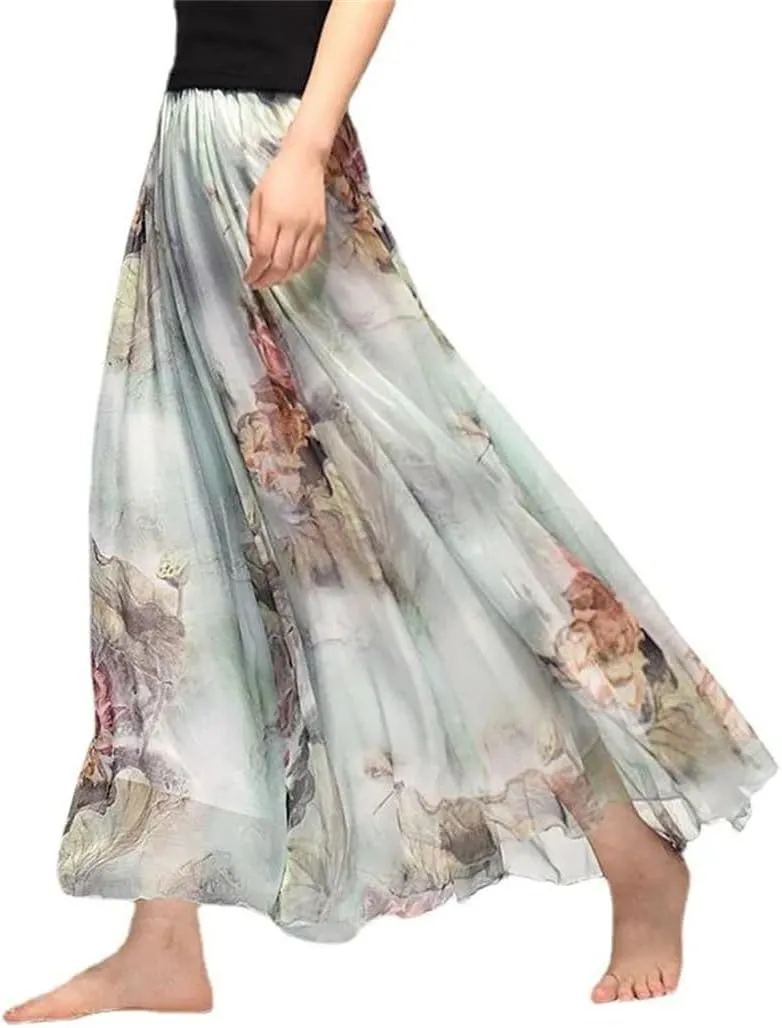 Women Vintage Bohemian Long Skirts Chiffon Beach High Waist Long Skirt