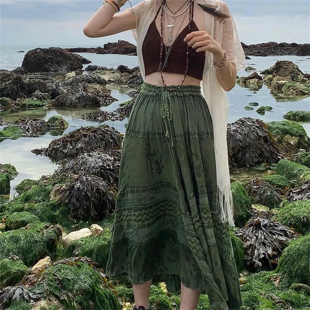 Women Vintage Boho Midi Skirts Bow High Waist Long Pleated Skirt