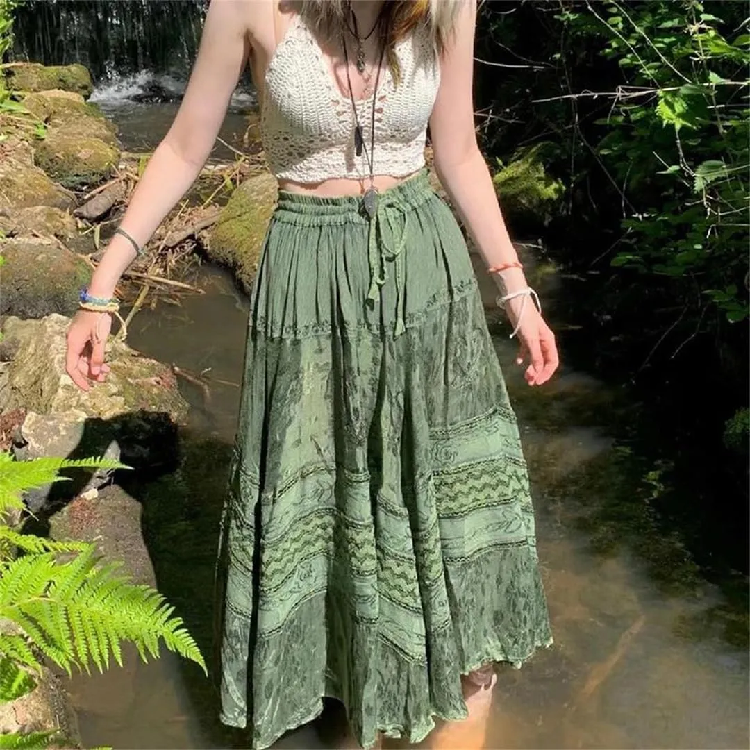 Women Vintage Boho Midi Skirts Bow High Waist Long Pleated Skirt