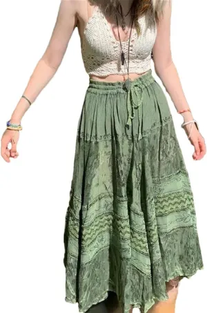 Women Vintage Boho Midi Skirts Bow High Waist Long Pleated Skirt