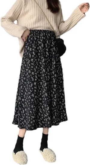 Women Vintage Floral Print Pleated Long Skirts Summer Drawstring Elastic Waist Midi Skirt