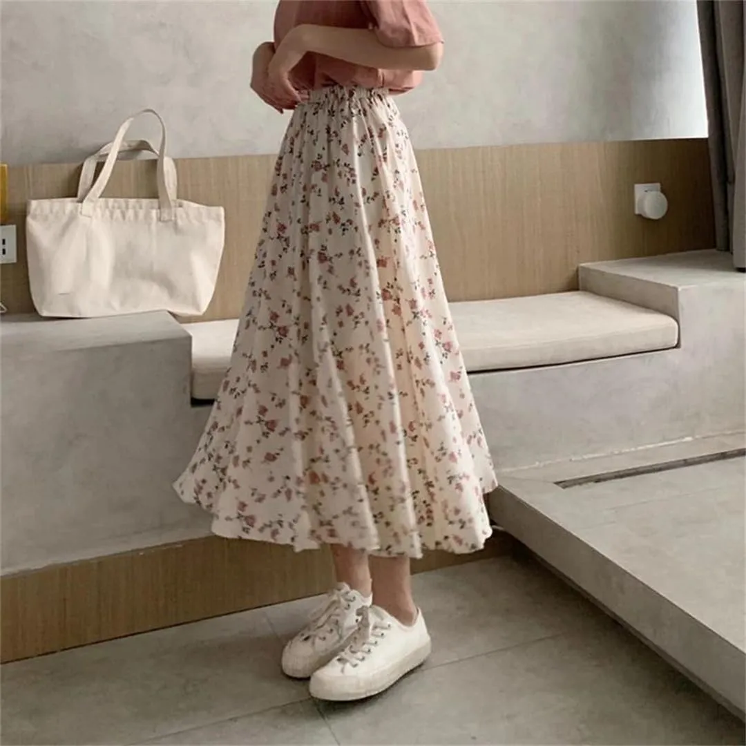 Women Vintage Floral Print Pleated Long Skirts Summer Drawstring Elastic Waist Midi Skirt