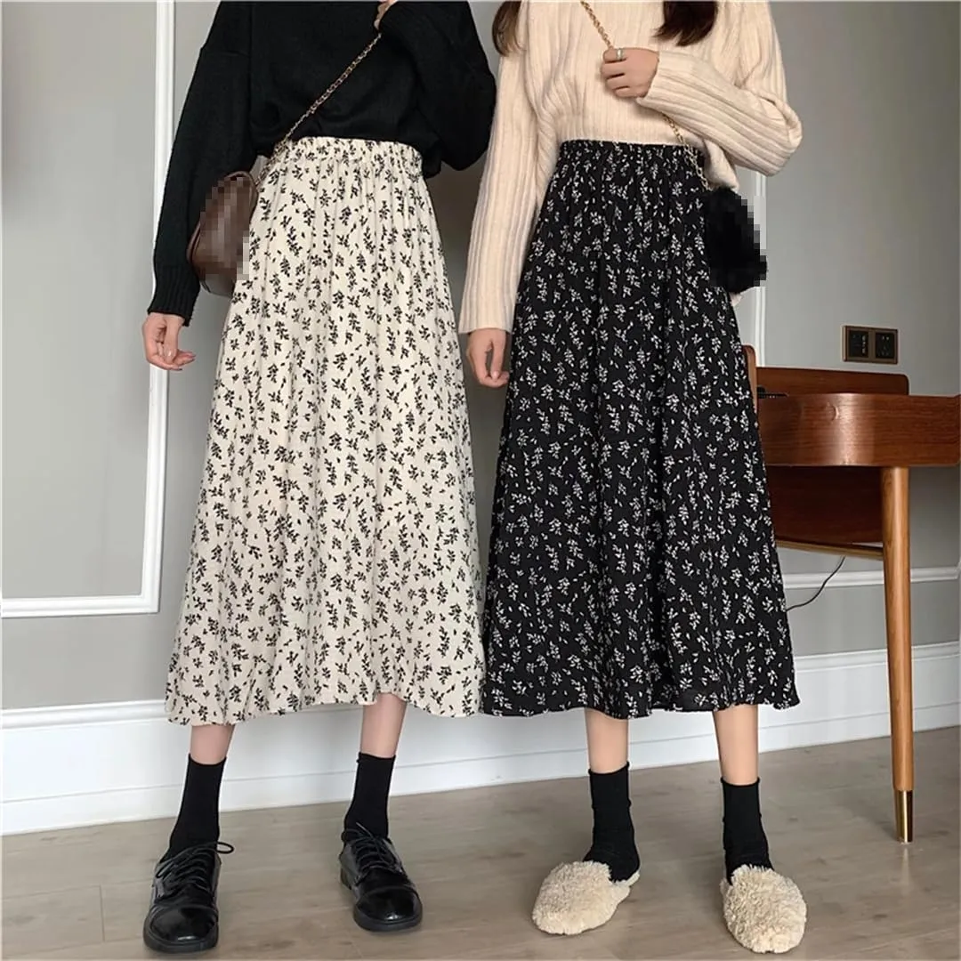 Women Vintage Floral Print Pleated Long Skirts Summer Drawstring Elastic Waist Midi Skirt