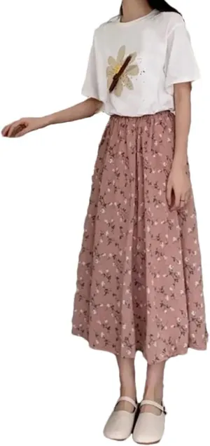 Women Vintage Floral Print Pleated Long Skirts Summer Drawstring Elastic Waist Midi Skirt