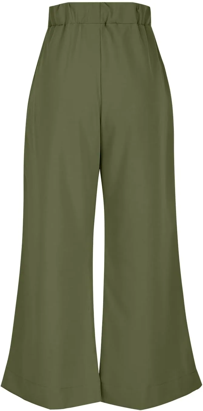 Women Wide Leg Cotton Linen Pants Elastic High Waisted Side Slit Boho Trousers with Pocekts Business Casual Outfits